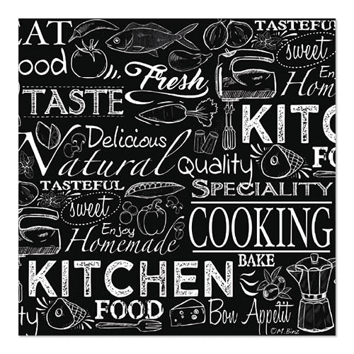 Un fond de style tableau noir avec des dessins à la craie blanche d'aliments, d'ustensiles et de mots comme "KITCHEN" - idéal pour PAPSTAR 20 serviettes, 33 cm x 33 cm, 3 plis, 1/4 pli Design Set 3 de PAPSTAR GmbH.