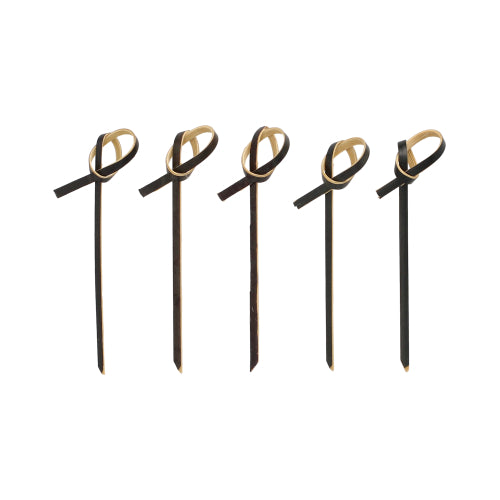 Vijf PAPSTAR 250 Fingerfood - prikkers van PAPSTAR GmbH in zwart met lichtbruine strikaccenten aan de bovenkant, in een rij op een witte achtergrond gerangschikt.