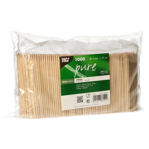 1.000 pièces PAPSTAR de brochettes en bois "pure" pour finger food (Ø 3 mm, 10 cm) de la société PAPSTAR GmbH en plastique transparent avec une étiquette vert-blanc, idéal pour la gastronomie.
