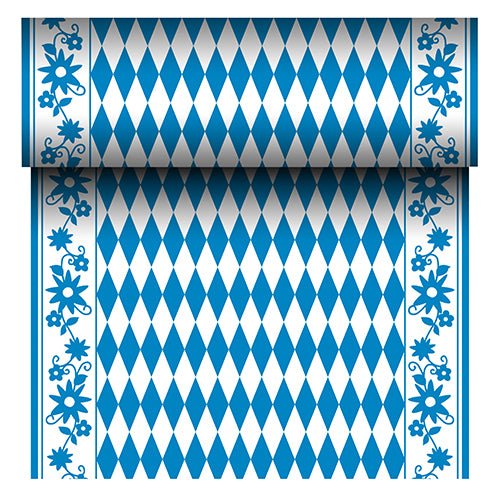 De PAPSTAR tafelloper Airlaid "Bayrisch Blau" (24 m x 40 cm) van PAPSTAR GmbH is een stofachtige tafelloper met een blauw-wit ruitpatroon in het midden en een blauwe bloemenrand. De rol toont bij het afrollen zijn zich herhalende Beierse patroon.