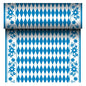 De PAPSTAR tafelloper Airlaid "Bayrisch Blau" (24 m x 40 cm) van PAPSTAR GmbH is een stofachtige tafelloper met een blauw-wit ruitpatroon in het midden en een blauwe bloemenrand. De rol toont bij het afrollen zijn zich herhalende Beierse patroon.