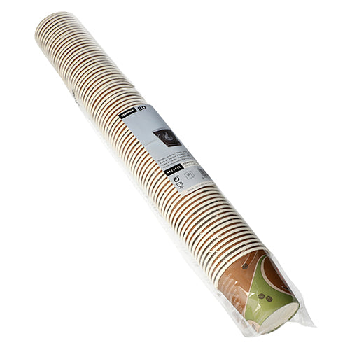 Une longue gaine scellée contient 80 gobelets Starpak en carton « To Go » (0,1 l, Ø 6,3 cm) au design marron-vert - idéal pour les boissons chaudes ou froides à emporter. L'emballage comporte une étiquette blanche avec des informations et des symboles sur le produit.