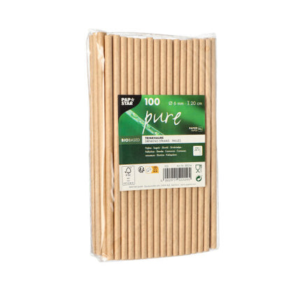 De PAPSTAR 100 rietjes „pure“ van papier (Ø 6 mm, 20 cm), biologisch afbreekbaar, verpakt in folie met groen-wit productetiket en certificeringssymbolen van PAPSTAR GmbH.