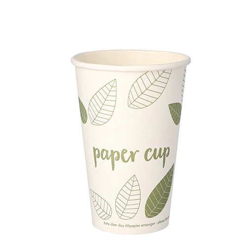Een PAPSTAR 50 drinkbekers, karton "pure" "ZERO"-kartonnen beker van de PAPSTAR GmbH is afgebeeld op een eenvoudige witte achtergrond met groen bladontwerp en de tekst "Paper Cup" en is gemaakt van duurzame materialen.