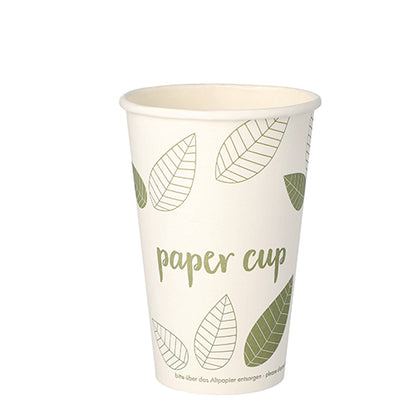 Een PAPSTAR 50 drinkbekers, karton "pure" "ZERO"-kartonnen beker van de PAPSTAR GmbH is afgebeeld op een eenvoudige witte achtergrond met groen bladontwerp en de tekst "Paper Cup" en is gemaakt van duurzame materialen.