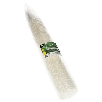 Een verpakking met 50 PAPSTAR GmbH koude drankbekers PLA "pure" glasheldere wegwerpbekers, biologisch afbreekbaar, individueel en transparant verpakt - ideaal voor koude dranken.