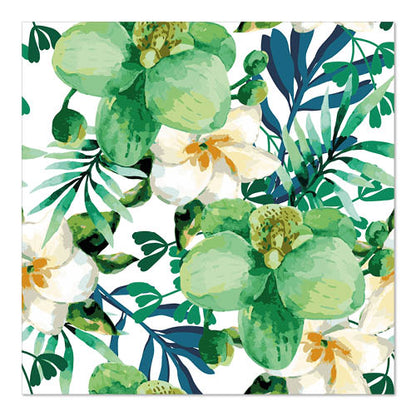 Un motif aquarelle sans couture avec des orchidées vertes et blanches et des feuilles luxuriantes sur fond blanc, idéal pour PAPSTAR GmbH 20 serviettes, 33 cm x 33 cm, 3 plis, 1/4 pli design Set 1.