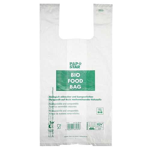 De 100 hemdtasjes van PAPSTAR GmbH zijn transparante, biologisch afbreekbare bio-folie knooptasjes op een rol met groene "PAP STAR BIO FOOD BAG"-tekst en meertalige informatie over composteerbaarheid en hernieuwbare grondstoffen.