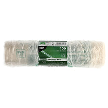 Eine Rolle mit 100 PAPSTAR Hemdchen-Tragetaschen aus transparenter Bio-Folie (Knotenbeutel) ist in Folie verpackt und trägt ein grünes und weißes Etikett mit Produktdetails sowie umweltfreundlichen Symbolen.