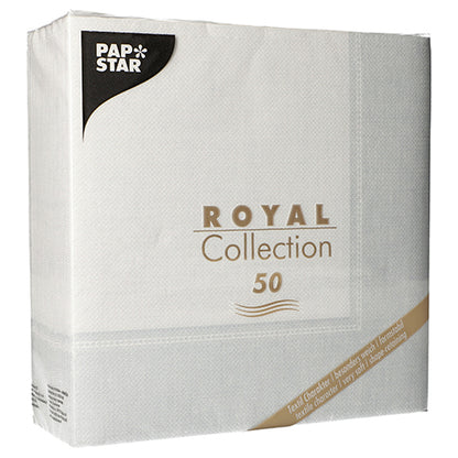 Een 50-pack PAPSTAR servetten "ROYAL Collection" 1/4-vouw, 40 x 40 cm in wit, van de PAPSTAR GmbH, met opvallende branding en collectie-details op de verpakking.