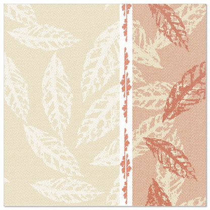 Un motif carré en beige clair et rouille avec un motif de feuilles et une bande blanche verticale - idéal pour les 50 serviettes "ROYAL Collection" 1/4 pli 40 x 40 cm rouge de PAPSTAR GmbH.