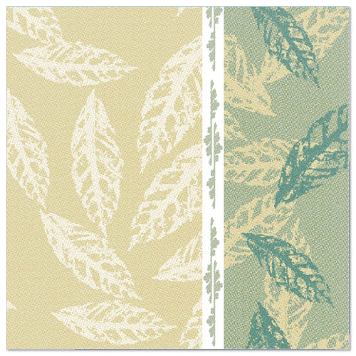 Eine stilvolle quadratische Serviette der PAPSTAR GmbH mit sich überlappenden Blattsilhouetten in Beige und Teal, unterteilt durch einen weißen Streifen. Teil der "ROYAL Collection", 40x40 cm, 1/4-Falz, grün-ideal für festliche Anlässe. Enthält 50 Servietten.