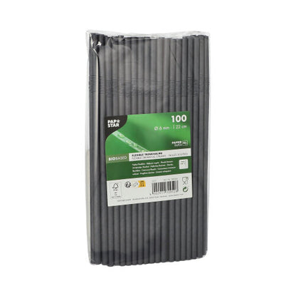 Un paquet scellé avec 100 PAPSTAR pailles en papier de 6 mm de PAPSTAR GmbH est représenté debout. L'emballage montre des informations sur le produit, un code-barres et des symboles pour les spécifications et les certifications.