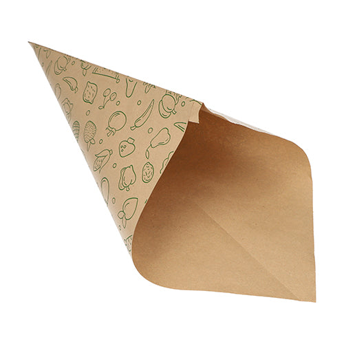 Die PAPSTAR 1000 Spitztüten Kraftpapier braun "Fruits & Vegs" der PAPSTAR GmbH sind eine stilvolle, umweltfreundliche Tüte mit grünem Obst- und Gemüsemotiv im Inneren, ideal zum nachhaltigen Servieren von Snacks. Leer präsentiert auf weißem Hintergrund.