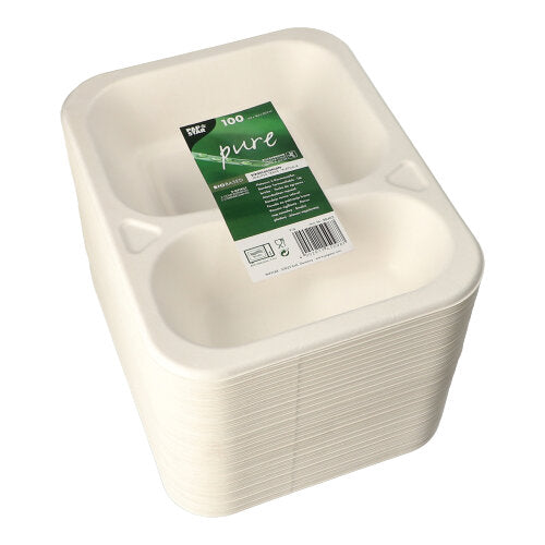 Een stapel witte PAPSTAR 100 verzegelde schalen van suikerriet, 2-delig en verpakt in plastic. Het groen-witte label van PAPSTAR GmbH wijst op 100 milieuvriendelijke wegwerpbakjes voor catering.