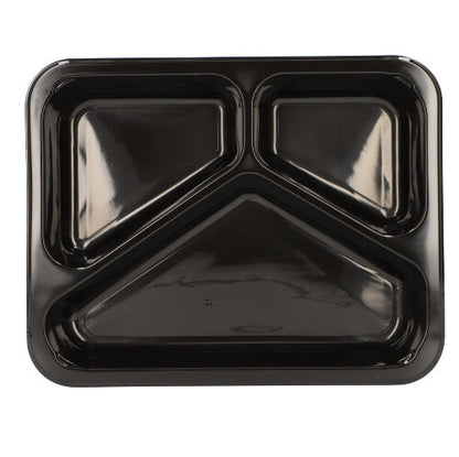 Les plateaux micro-ondes Starpak 50 en PP noir possèdent trois compartiments (deux petits, un grand) et sont idéaux pour le stockage alimentaire réutilisable.