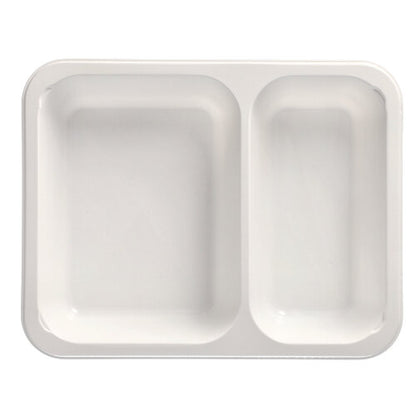 Les bols à micro-ondes Starpak 50, PP sont un plat alimentaire rectangulaire jetable blanc de Starpak avec deux compartiments : une zone gauche plus grande et une zone droite plus petite.