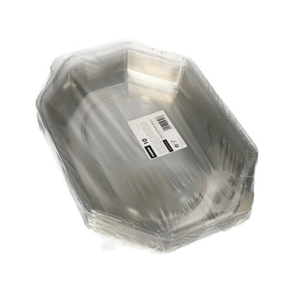 Sur un fond blanc simple se trouve une pile de couvercles Starpak 10 pour plateaux de service, PET transparent, enveloppée dans du plastique transparent et munie d'une étiquette de code-barres blanche sur le dessus.