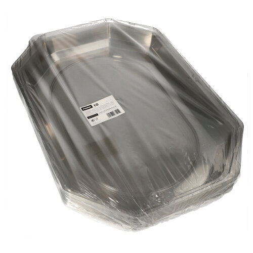 Une pile de couvercles ovales Starpak 10 pour plateaux de service de Starpak en PET transparent, enveloppée dans du plastique transparent avec un code-barres et une étiquette d'information produit sur le dessus, assure une fraîcheur optimale pour les plateaux de service avec des bords inclinés.
