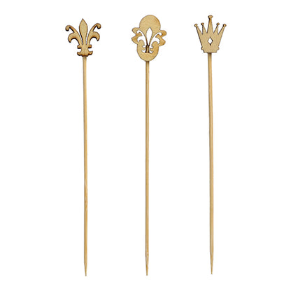 Die PAPSTAR 100 Fingerfood-Picker „pure“ von PAPSTAR GmbH sind hell, aus hochwertigem Kunststoff gefertigt, spitz zulaufend und ideal für Partys oder Events – dekorativ mit Fleur-de-Lis, Schild und Krone verziert.