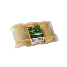 Un ensemble de cinq PAPSTAR plateaux à finger food en bambou "pure" rectangulaires, chacun mesurant 10x5,7 cm, emballé sous film avec une étiquette verte de PAPSTAR GmbH - idéal pour les sauces et les snacks.