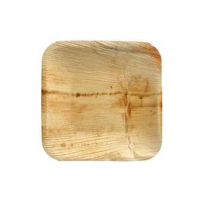 La PAPSTAR 25 assiette en feuille de palmier « pur » de la PAPSTAR GmbH est une assiette carrée et plate en feuille de palmier naturelle avec un grain de bois unique et des variations de couleur sur fond blanc – idéale pour des repas écologiques.