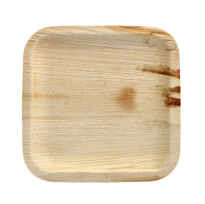 L'assiette PAPSTAR 25 de PAPSTAR GmbH est une assiette carrée, en feuille de palmier claire, avec des coins arrondis, une structure lisse, un grain naturel visible et une teinture brun foncé sur le côté droit - idéale pour des occasions spéciales sur fond blanc.