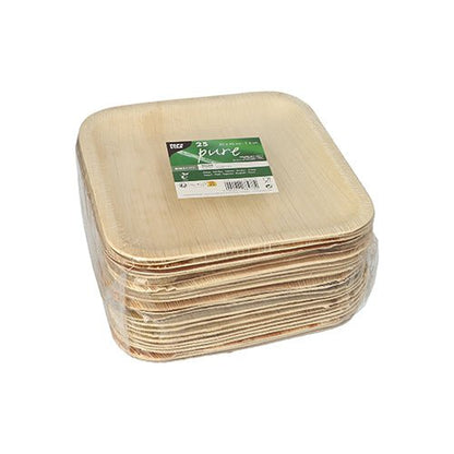 Une pile d'assiettes PAPSTAR 25, feuille de palmier « pure » de PAPSTAR GmbH est enveloppée dans un film, avec une étiquette produit vert-blanc apposée sur l'assiette supérieure.