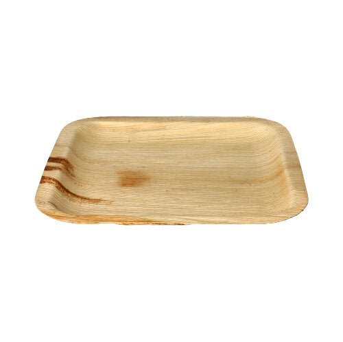 L'assiette en feuille de palmier PAPSTAR 25 « pure » de PAPSTAR GmbH est une assiette rectangulaire, plate, en feuille de palmier naturelle avec un grain visible et un bord légèrement surélevé. Idéale comme vaisselle écologique pour des occasions spéciales. Le fond est simplement blanc.