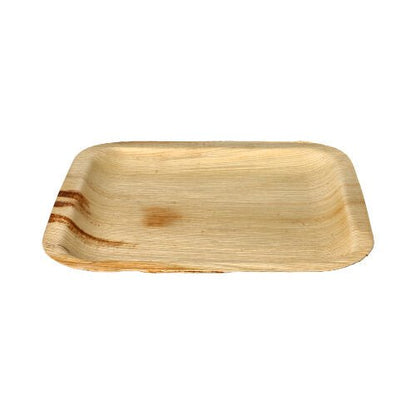 L'assiette en feuille de palmier PAPSTAR 25 « pure » de PAPSTAR GmbH est une assiette rectangulaire, plate, en feuille de palmier naturelle avec un grain visible et un bord légèrement surélevé. Idéale comme vaisselle écologique pour des occasions spéciales. Le fond est simplement blanc.