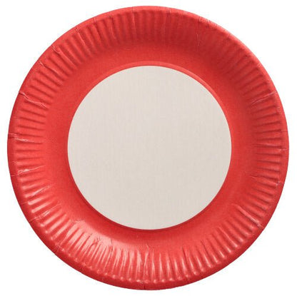 De PAPSTAR 20 borden, karton rond Ø 23 cm van de PAPSTAR GmbH is een eenvoudige ronde kartonnen bord met rode rand en witte midden, die dankzij zijn eenvoudige, patroonloze ontwerp ideaal is voor evenementen. Van bovenaf bekeken ziet het er eenvoudig en klassiek uit.