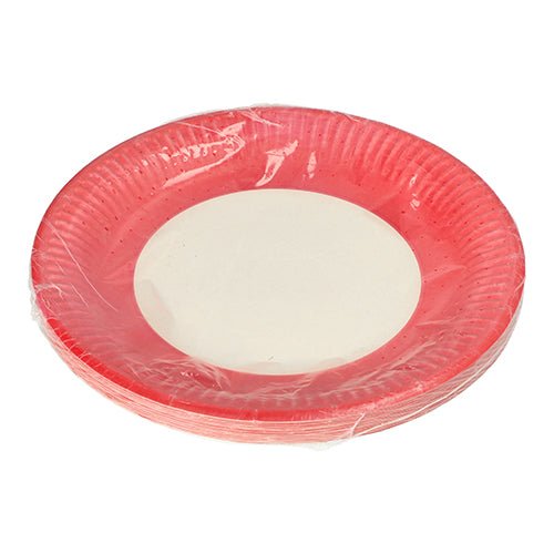 De PAPSTAR 20 borden, karton rond Ø 23 cm van de PAPSTAR GmbH heeft een rode rand en een witte midden, wordt geleverd in een transparante kunststofverpakking en is ideaal voor evenementen - hier afgebeeld op een witte achtergrond.