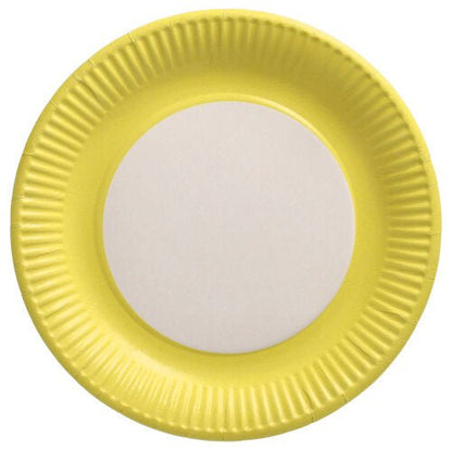 De 20 borden van de PAPSTAR GmbH zijn ronde gele kartonnen borden met witte midden en een diameter van 23 cm, van bovenaf afgebeeld op een eenvoudige witte ondergrond - ideaal voor evenementen.