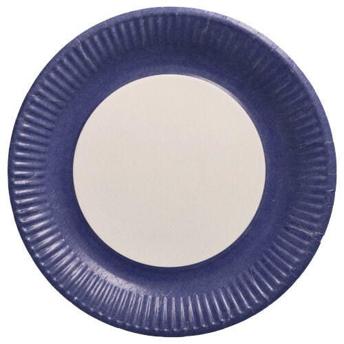 De 20 borden, karton rond Ø 23 cm van de PAPSTAR GmbH heeft een witte midden met donkerblauwe rand, van bovenaf afgebeeld op een witte achtergrond - ideaal voor evenementen.