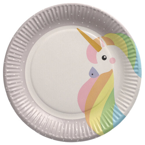 Les PAPSTAR GmbH 10 assiettes en carton, rondes Ø 23 cm, sont en gris clair avec une tête de licorne colorée et un bord discrètement décoré - idéales pour les fêtes et événements.