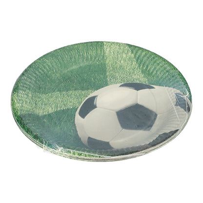 Les PAPSTAR 10 assiettes, carton rond Ø 23 cm de PAPSTAR GmbH avec un design de football sur de l'herbe sont parfaites pour les fêtes et événements et sont emballées dans un film plastique transparent.