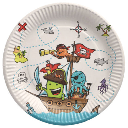 Les 10 assiettes de PAPSTAR GmbH, carton rond, Ø 23 cm, présentent des animaux marins pirates de dessin animé sur un bateau, un fond de carte au trésor, des palmiers, une boussole, une île, une baleine, un requin et une pieuvre violette - idéales pour les fêtes et événements.