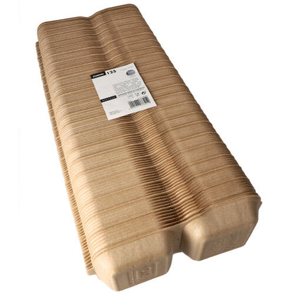 Une pile de boîtes à hamburger Starpak 125 grandes avec couvercle rabattable, XPP 7x15x15cm beige (125 pièces) est montrée, regroupée avec une étiquette en haut - idéale pour le transport et le service des hamburgers.