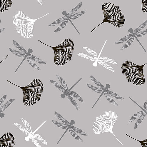 Ein nahtloses Libellen- und Ginkgoblättermuster in Schwarz, Weiß und Grau auf Hellgrau – perfekt für PAPSTAR 20 Servietten, 40x40 cm, 3-lagig, 1/4-Falz von der PAPSTAR GmbH.
