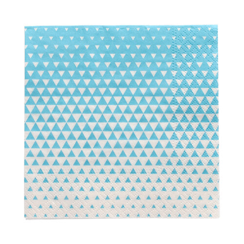 Un paquet de 20 serviettes 3 plis (25 cm x 25 cm, 1/4 pli) de la société PAPSTAR GmbH avec un motif de petits triangles bleu-blanc – plus dense en haut, plus fin en bas.