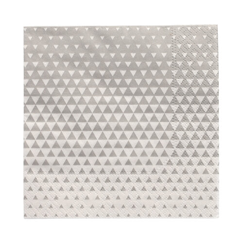 Les PAPSTAR 20 serviettes (25x25 cm, 3 plis, 1/4 pli) de la société PAPSTAR présentent un design carré gris avec des triangles blancs et un bord texturé - idéal pour la décoration de table.