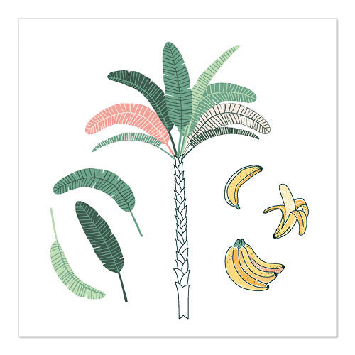 De illustratie van een bananenboom met groene en roze bladeren, drie losse bladeren aan de linkerkant en drie bananengroepen siert de PAPSTAR GmbH servetten 33x33 cm, 3-laags, Design Set 2 (20 servetten).