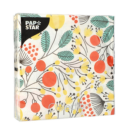 PAPSTAR GmbH 20 serviettes, 33x33 cm, 3 plis, 1/4 pliage, Design Set 1 : motif botanique de baies et de feuilles avec le logo "PAPSTAR" sur une étiquette noire dans le coin supérieur gauche.