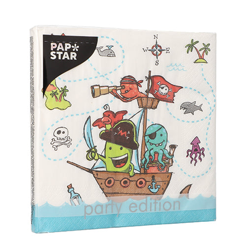 De PAPSTAR 20 servetten (33x33 cm, 3-laags, 1/4 vouw, design set 2) van PAPSTAR GmbH tonen cartoon-zeedieren als piraten op een schip met piratensymbolen en een schatkaart op de achtergrond.