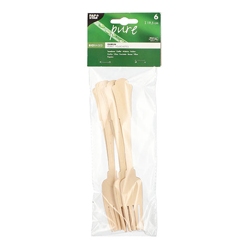 In einer Klarsichtverpackung befinden sich sechs beige PAPSTAR Holzgabeln „pure“ (19,5 cm, Vintage) mit einem grün-weißen Deckeletikett mit Produktdetails.