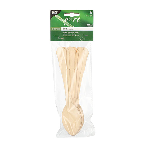 In een doorzichtige kunststof zak bevinden zich zes beige PAPSTAR houten lepels "pure" (19,5 cm, vintage-design); een groen etiket aan de bovenkant toont het merk PAPSTAR GmbH, de hoeveelheid en "pure".