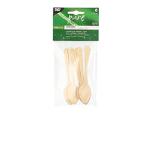 In einem durchsichtigen Kunststoffbeutel befinden sich sechs PAPSTAR Kaffeelöffel Holz "pure" 12 cm im Vintage-Design der PAPSTAR GmbH, mit grünem Label - biobasiert und ideal für umweltfreundliche Kaffeemomente.