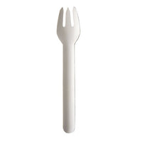 Une seule PAPSTAR Une fourchette en papier « pure », de 15,5 cm, blanche et écologique, est représentée debout sur un fond blanc. Cette fourchette en papier écologique de la PAPSTAR GmbH propose une alternative durable aux couverts traditionnels.
