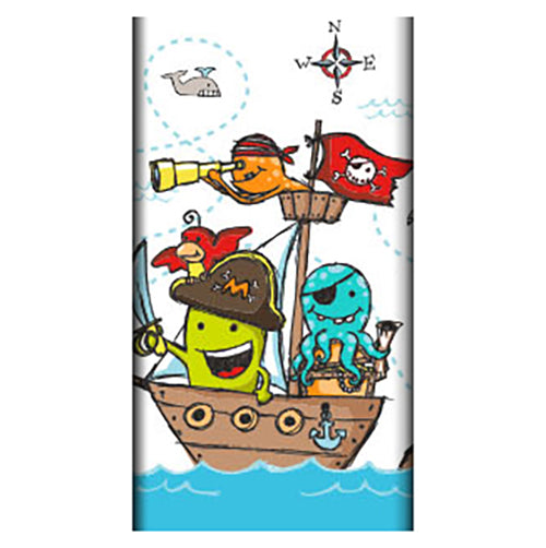 Cartoon-piratenschip met vrolijke zeewezens, waaronder een gele figuur, een rode vogel en een blauwe octopus. Met walvis en kompas – ideaal als PAPSTAR tafellaken, papier (120 x 180 cm) van de PAPSTAR GmbH voor stijlvolle tafelversiering.