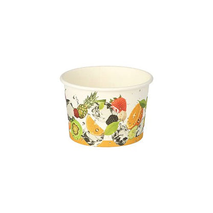 Le PAPSTAR 50 gobelets à glace de PAPSTAR GmbH est un petit gobelet rond en carton blanc avec des motifs colorés de fruits et d'éclaboussures d'eau, idéal pour servir des desserts ou de la glace. Le gobelet vide est représenté sur un fond blanc simple.
